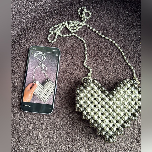 Handmade Metal Beaded Heart Bag | Ball Chain Purse | Statement Mini Crossbody - Picture 4 of 4